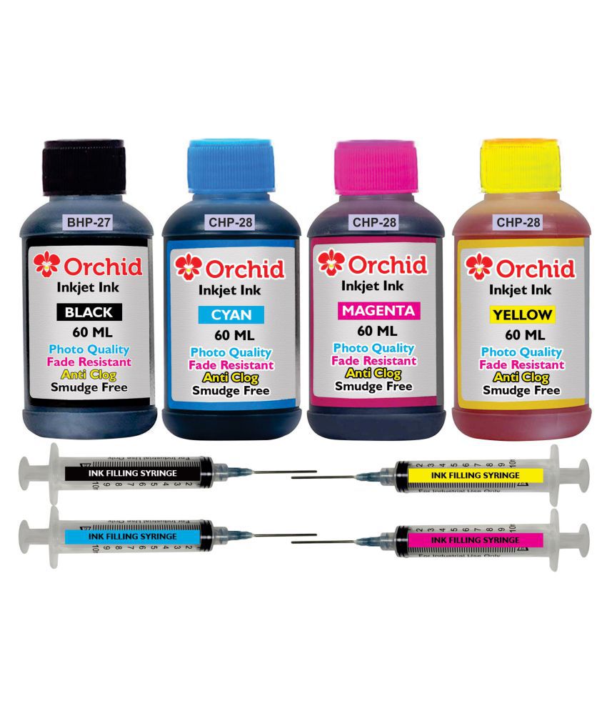 Orchid Multicolor Four bottles Refill Kit for HP 27 black & 28 color ink cartridge (Photo quality smudge free ink 240 ml, ink filling tools)