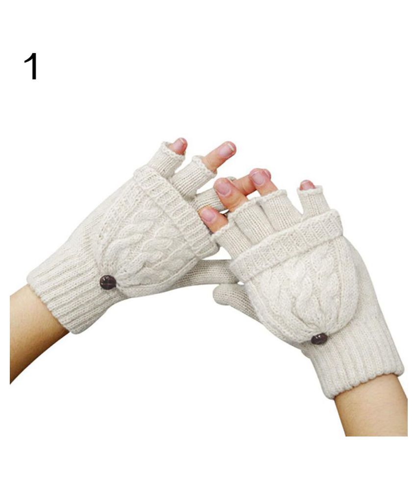 Womens Winter Gloves Warm Wool Knitted Convertible Fingerless Mittens 