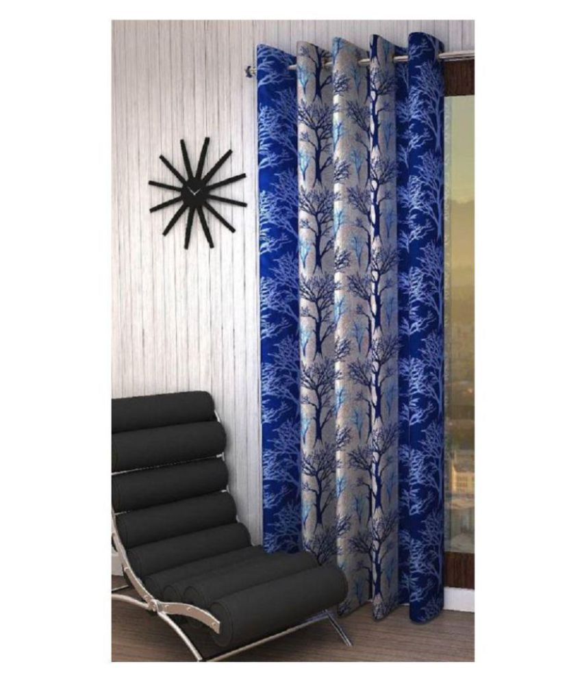     			Panipat Textile Hub Floral Semi-Transparent Eyelet Door Curtain 7 ft Single -Blue