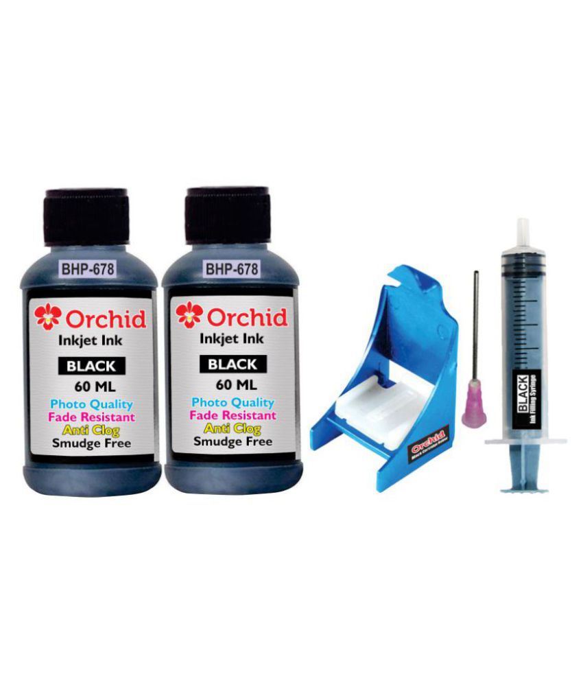 Orchid Black Two bottles Refill Kit for HP 678 black ink cartridge (Photo quality smudge free ink 120ml, ink filling & suction tools)