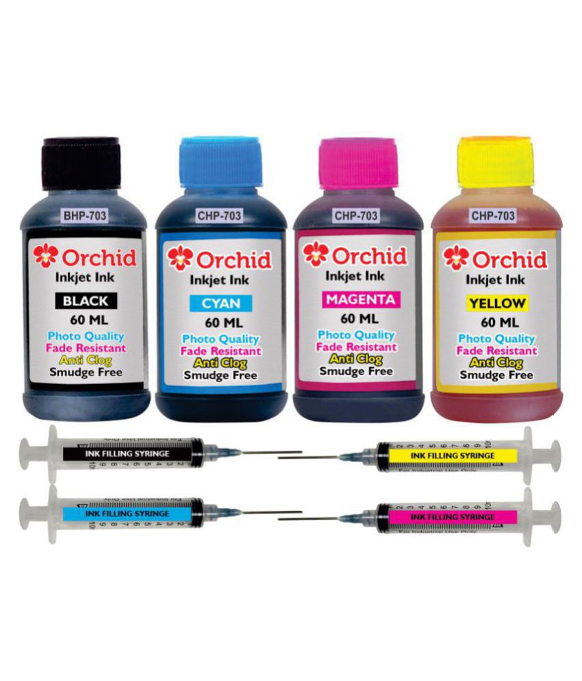 Orchid Multicolor Four bottles Refill Kit for HP 703 black & color ink cartridge (Photo quality smudge free ink 240 ml, ink filling tools)