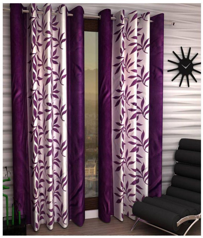     			Panipat Textile Hub Floral Semi-Transparent Eyelet Window Curtain 5 ft Pack of 2 -Purple