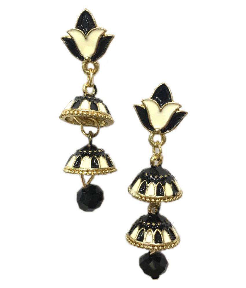     			Digital Dress Women's Oxidized Earrings Indian Traditional Handcrafted Light Weight Black and White Enamel Work Gold-Plated Double Jhumki Floral Earring for Women & Girls Fashion Imitation Jewellery