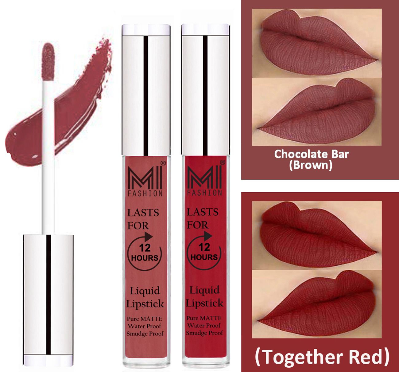     			MI FASHION Liquid Lipstick Brown,Together Red 3 ml Pack of 2