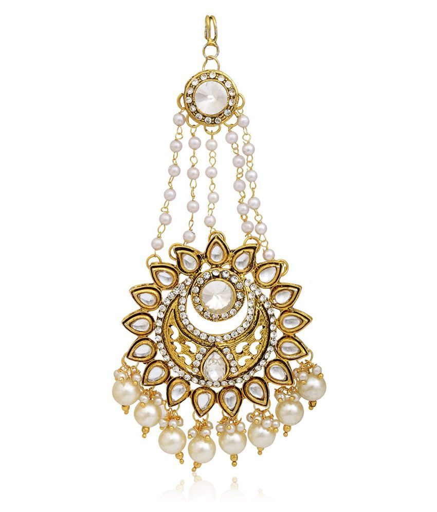 Sanjog Kundan Golden Pearl Wedding Jhumar Passa Maang Tika Hair
