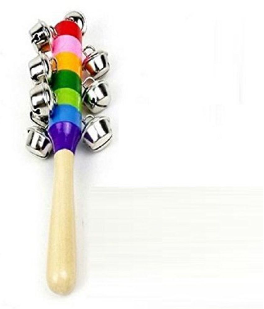 BuzyKart Colorful Baby Toys Wooden Rainbow Handle Jingle Bell Rattle Toy Crib Shaker Stick
