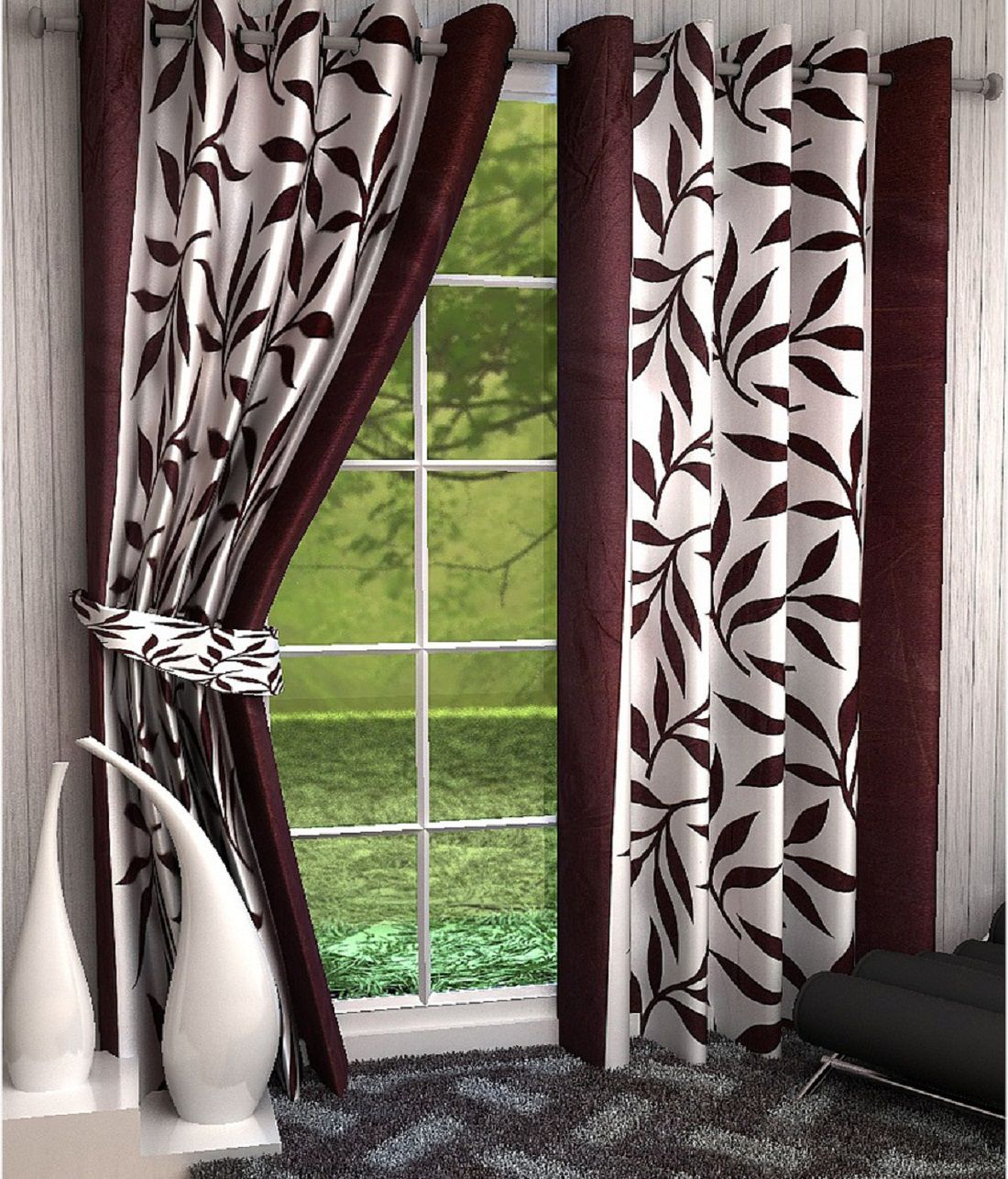     			Phyto Home Floral Semi-Transparent Eyelet Door Curtain 7 ft Pack of 4 -Brown