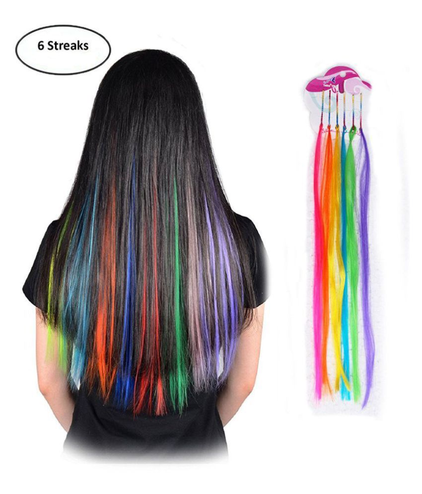 FOK Colorful streaks Straight Clip In Hair Extension MULTI COLOUR Pack of 6