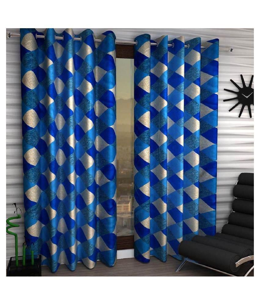     			Panipat Textile Hub Checks Semi-Transparent Eyelet Door Curtain 7 ft Pack of 4 -Blue