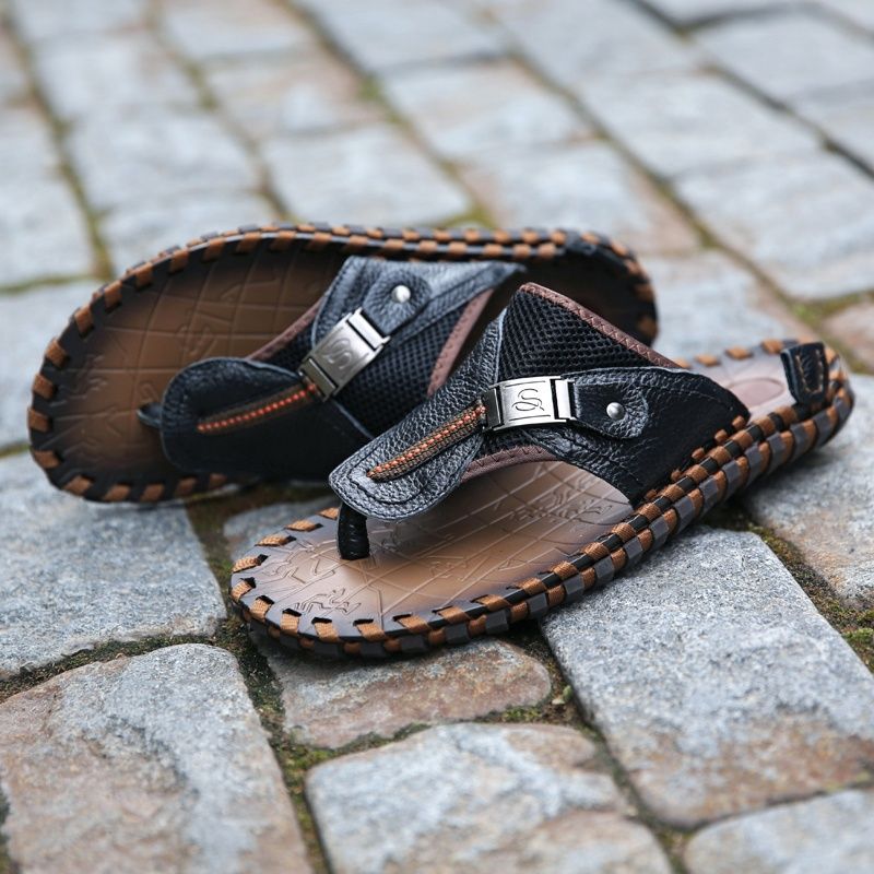 Mens Casual Shoes Genuine Leather Sandals Men Flip Flops Breather Slippers Plus Size