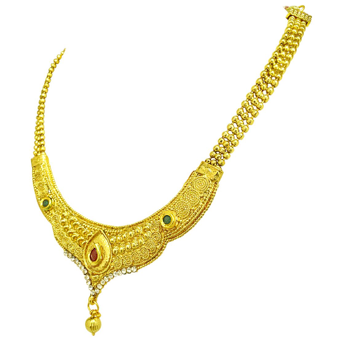 Surat Diamonds Temple Designed Colored Stone and Gold Plated Necklace