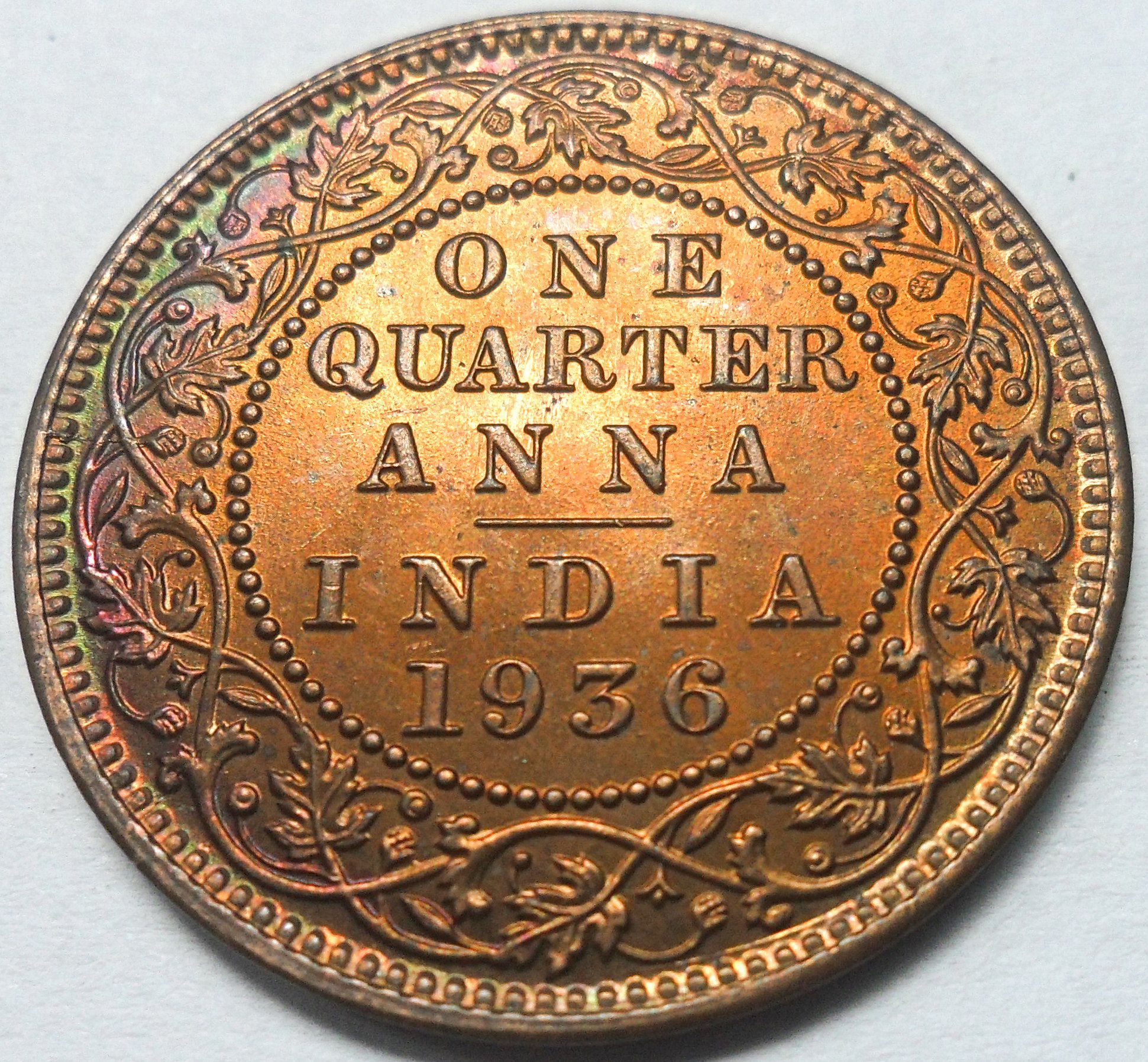 BRITISH INDIA ONE QUARTER ANNA 1936 KING VI BRONZE METAL COIN IN