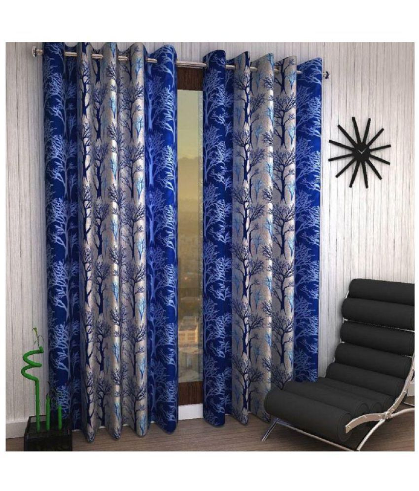     			Panipat Textile Hub Floral Semi-Transparent Eyelet Door Curtain 7 ft Pack of 6 -Blue