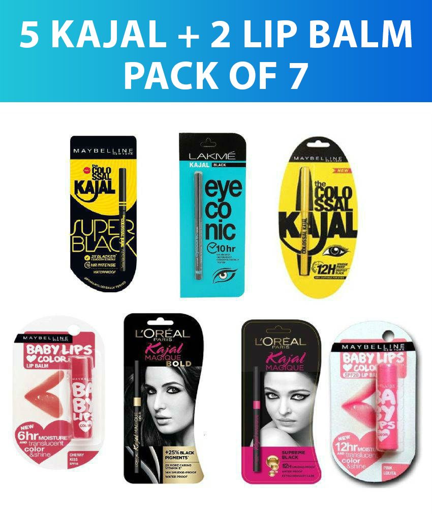 Maybelline Colossal & Super Black+Loreal Magique Bold & Supreme Black+Lakme Eyeconic Kajal+Lip Balms(Pack of 7) Maybelline Colossal & Super Black+Loreal Magique Bold & Supreme Black+Lakme Eyeconic Kajal+Lip Balms(Pack of 7)