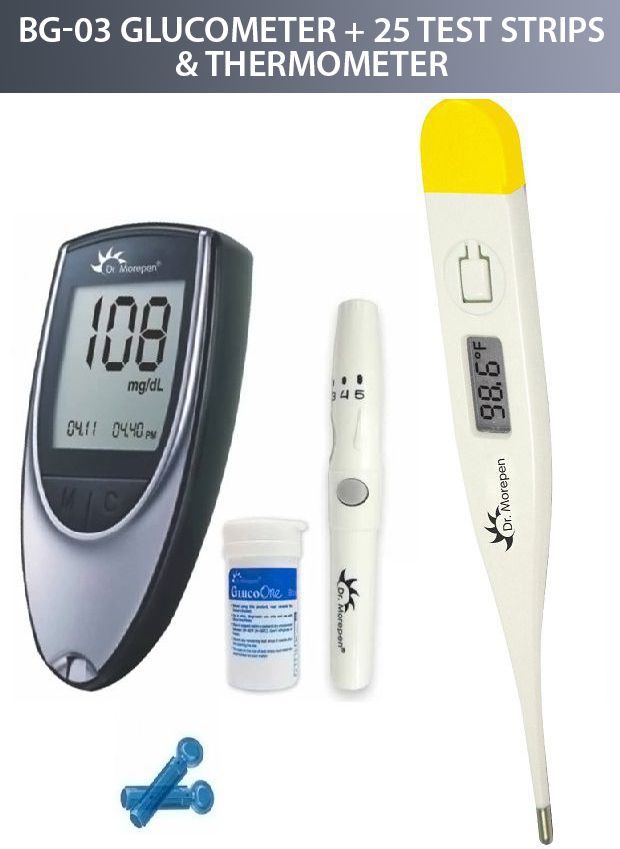     			Dr Morepen Glucose Monitor BG-03 with 25 Sugar Test Strips & Thermometer