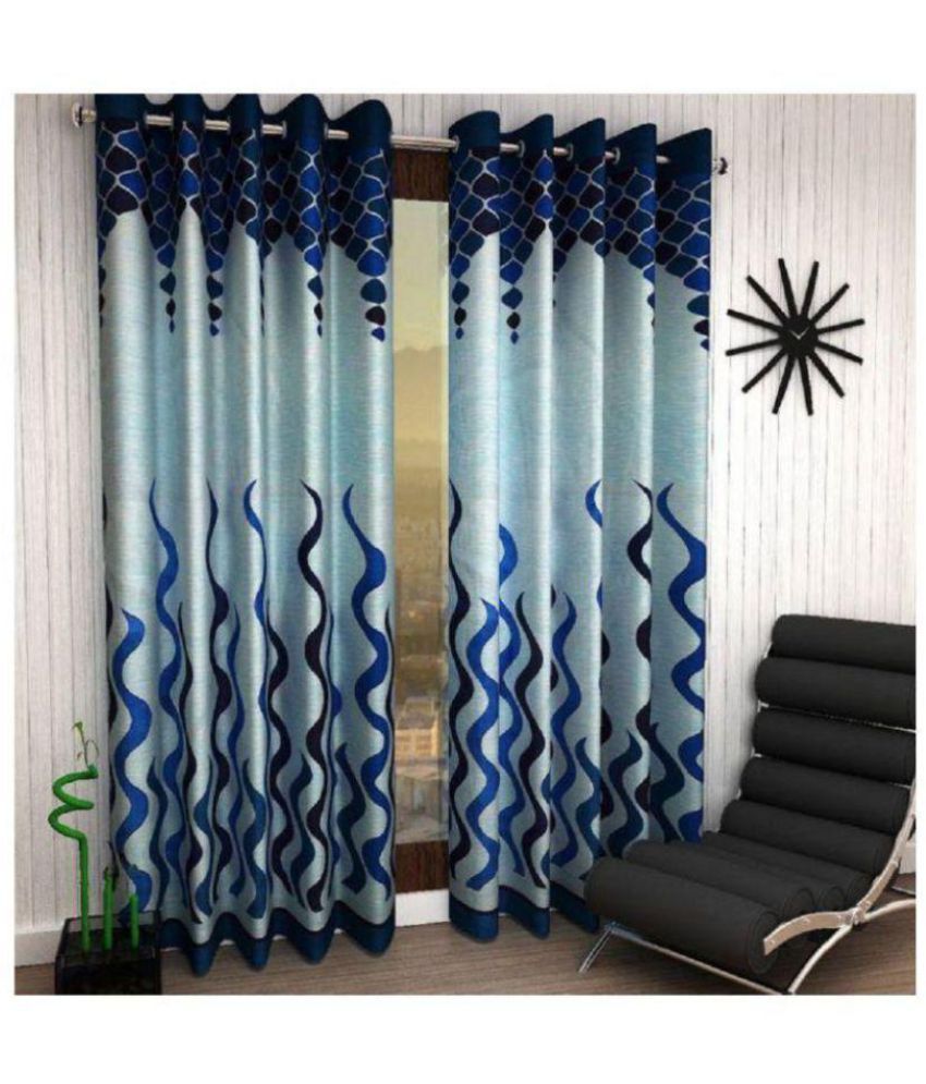     			Phyto Home Floral Semi-Transparent Eyelet Door Curtain 7 ft Pack of 6 -Blue