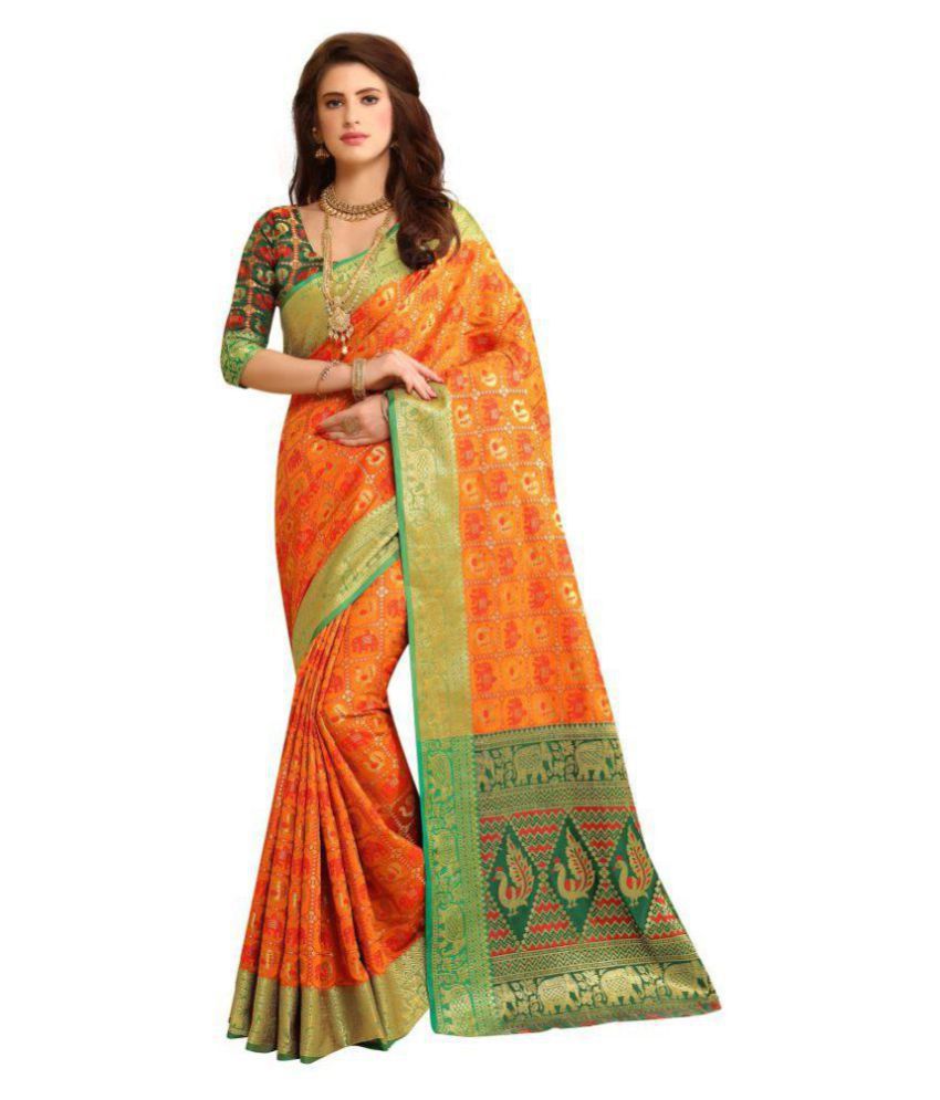 SVB SAREES Green and Orange Banarasi Silk Saree - Buy SVB SAREES Green