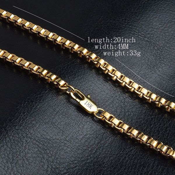 4MM 20inch Mens 18K Gold Box Chain Necklace Italy Chains Wedding Party ...