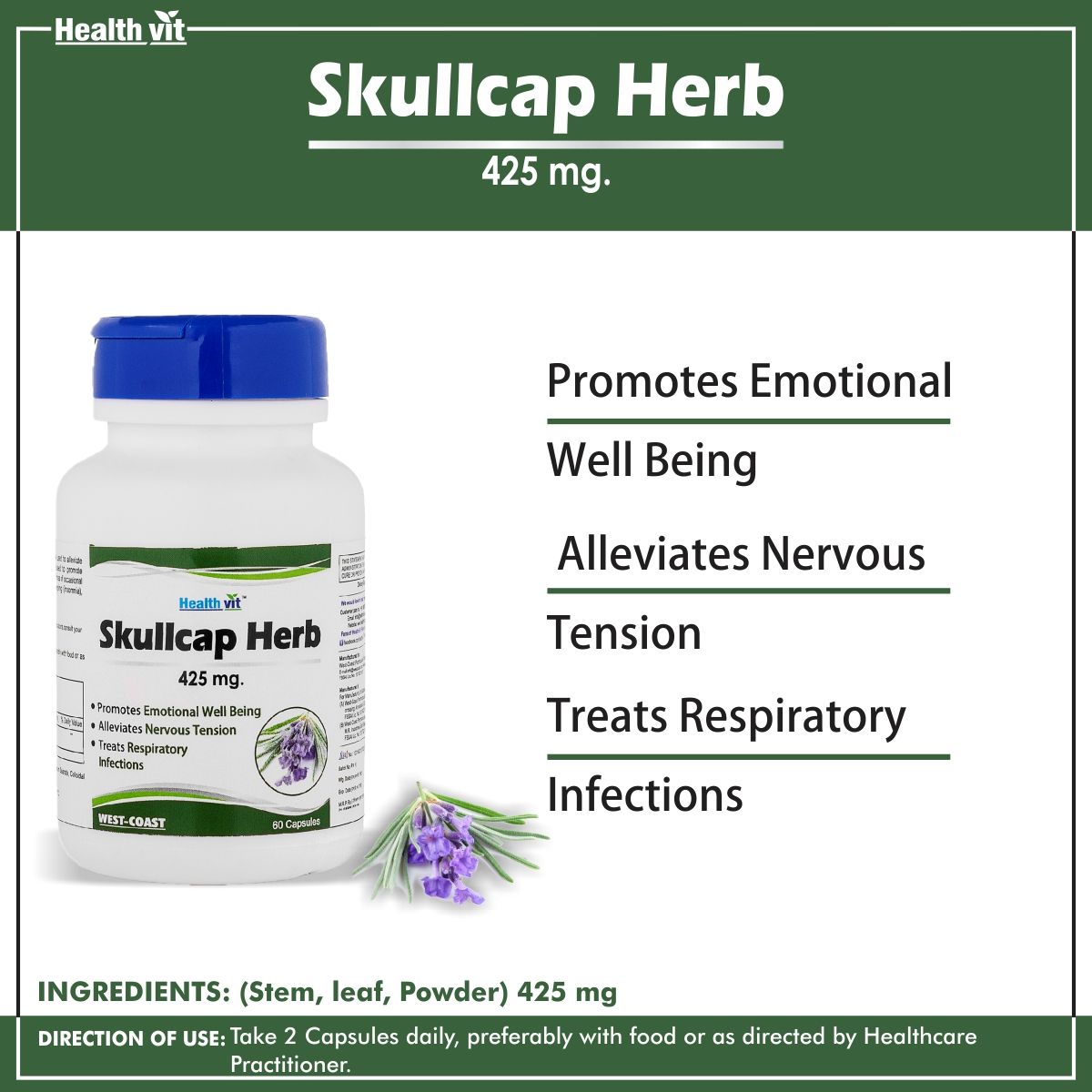 HealthVit Skullcap Herbs 425 mg For Nervous System Support 60 no.s