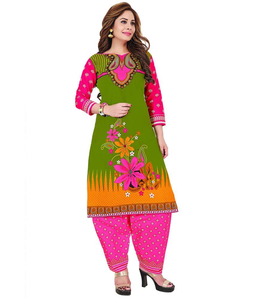 DRAPES Green and Pink Cotton Dress Material Buy DRAPES Green and Pink