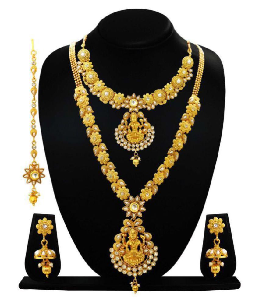 Arts Chetan Antique Gold Plated Artificial Rani Haar Double Strand Necklace Set With Earrings