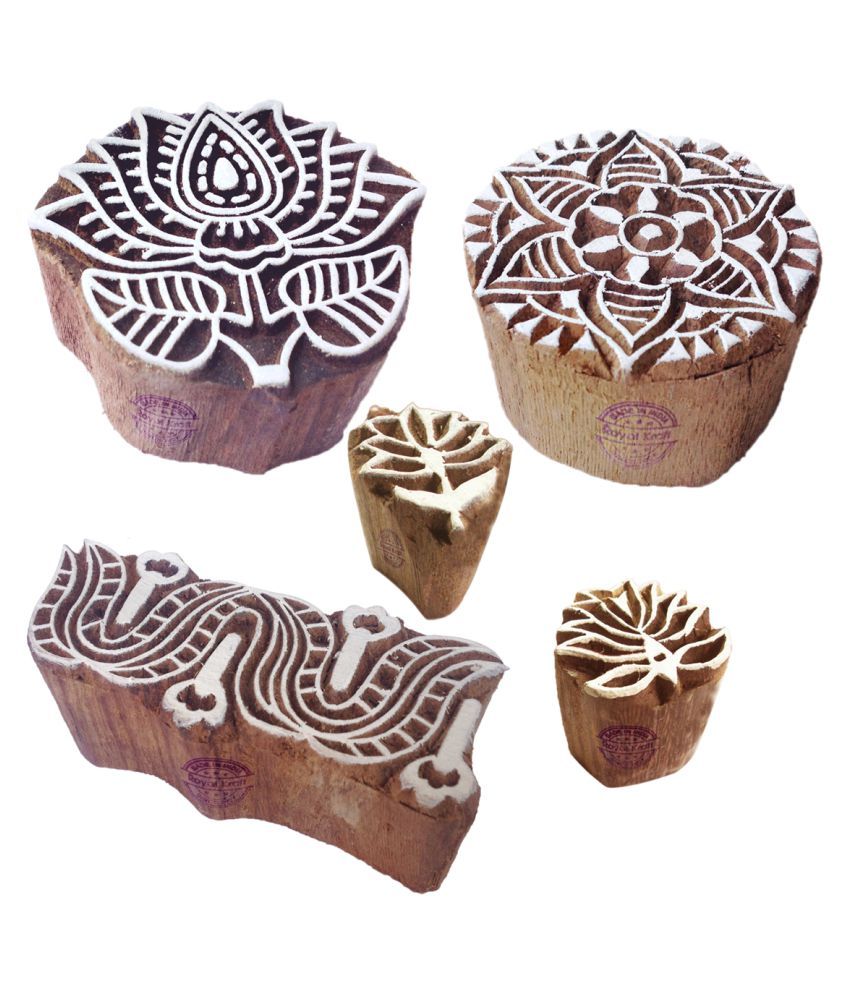 Henna Print Stamps Exclusive Lotus Shape Wooden Blocks (Set of 5): Buy ...