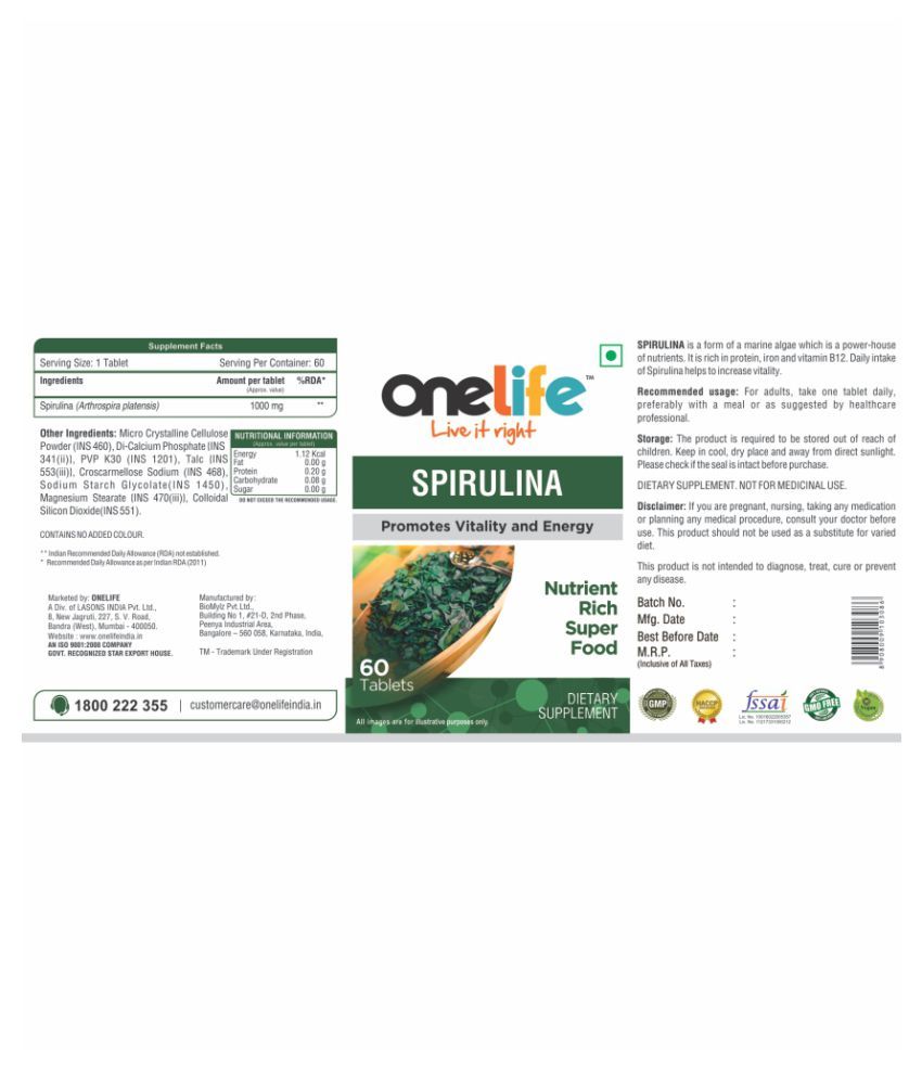 OneLife SPIRULINA Iron and Vitamin B12 Capsule 60 no.s Buy OneLife