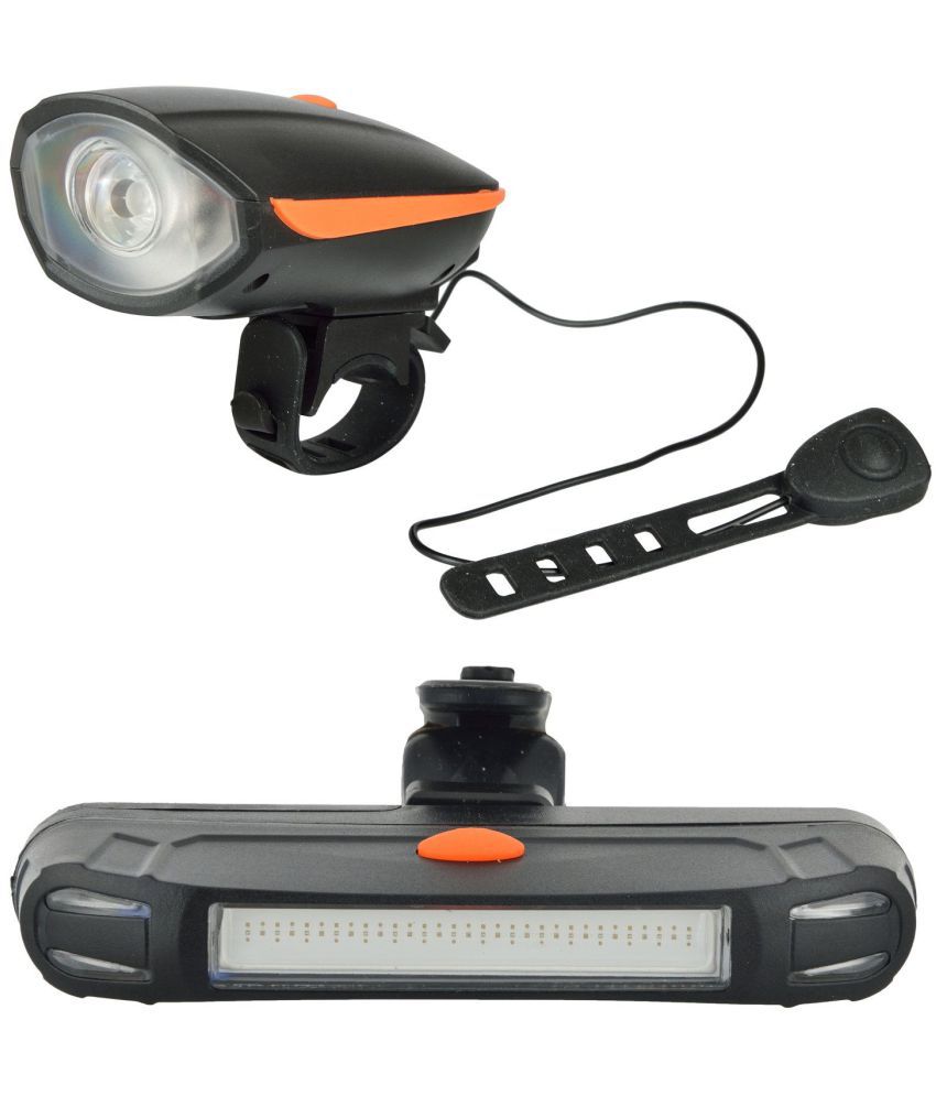 DarkHorse Bicycle 3 Mode LED Front Light  & Horn and 3 Mode LED Red & Blue Tail Light Battery Combo, Orange