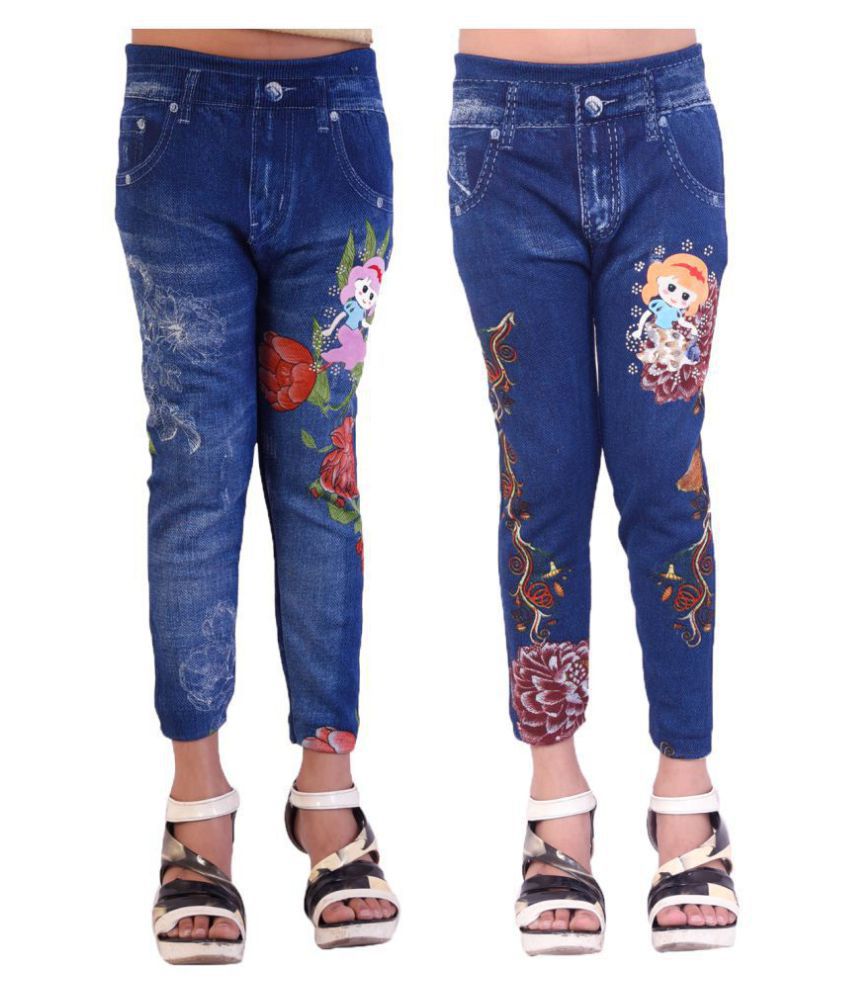     			Ziva Fashion Girls Poly Cotton Printed Blue Jegging Pants (Pack of 2)