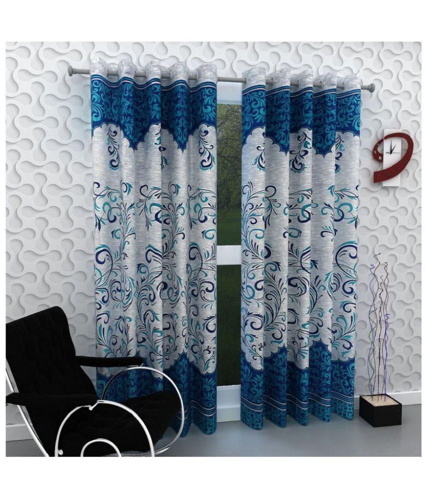     			Phyto Home Printed Semi-Transparent Eyelet Long Door Curtain 9 ft Pack of 2 -Blue