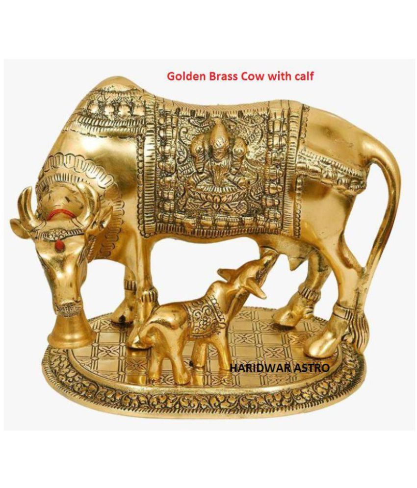     			Haridwar Astro Golden Brass Cow with calf God idol