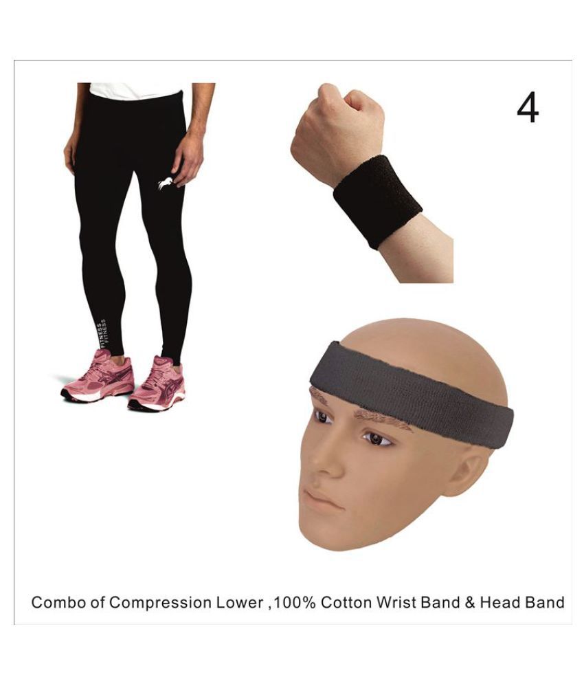     			Rider Full Length Compression Lower With 100% COTTON Wrist band & Head band Multi Sports Exercise/Gym/Running/Yoga/Other Outdoor ineer wear for Sports - Skin Tight Fitting - Black Color  3 pcs combo