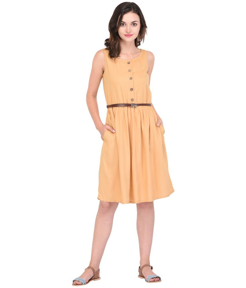     			Purys Rayon Yellow Fit And Flare Dress
