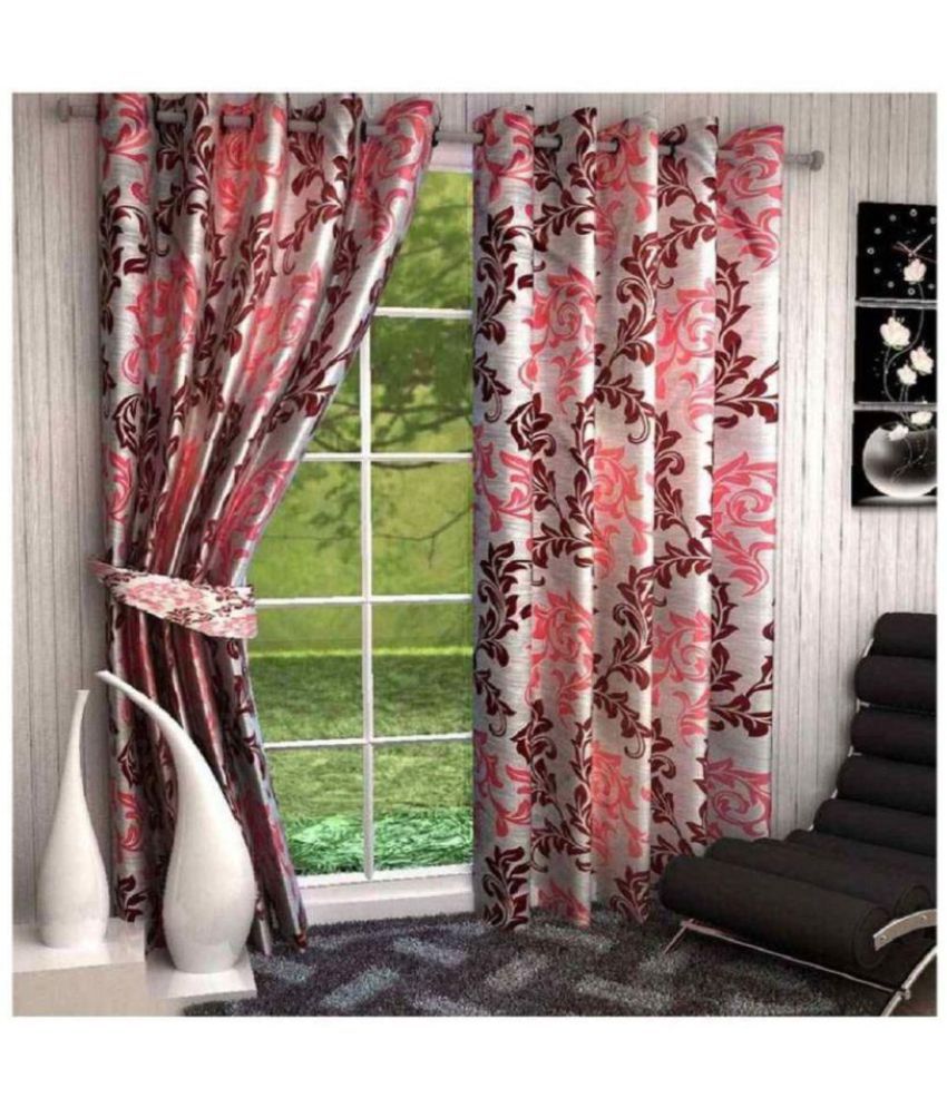     			Phyto Home Printed Semi-Transparent Eyelet Door Curtain 7 ft Pack of 4 -Maroon
