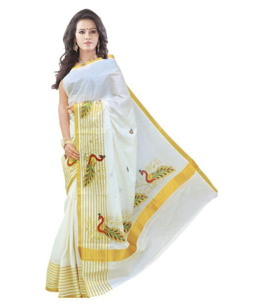     			RSV FABRICS Grey and Beige Kerela Cotton Saree