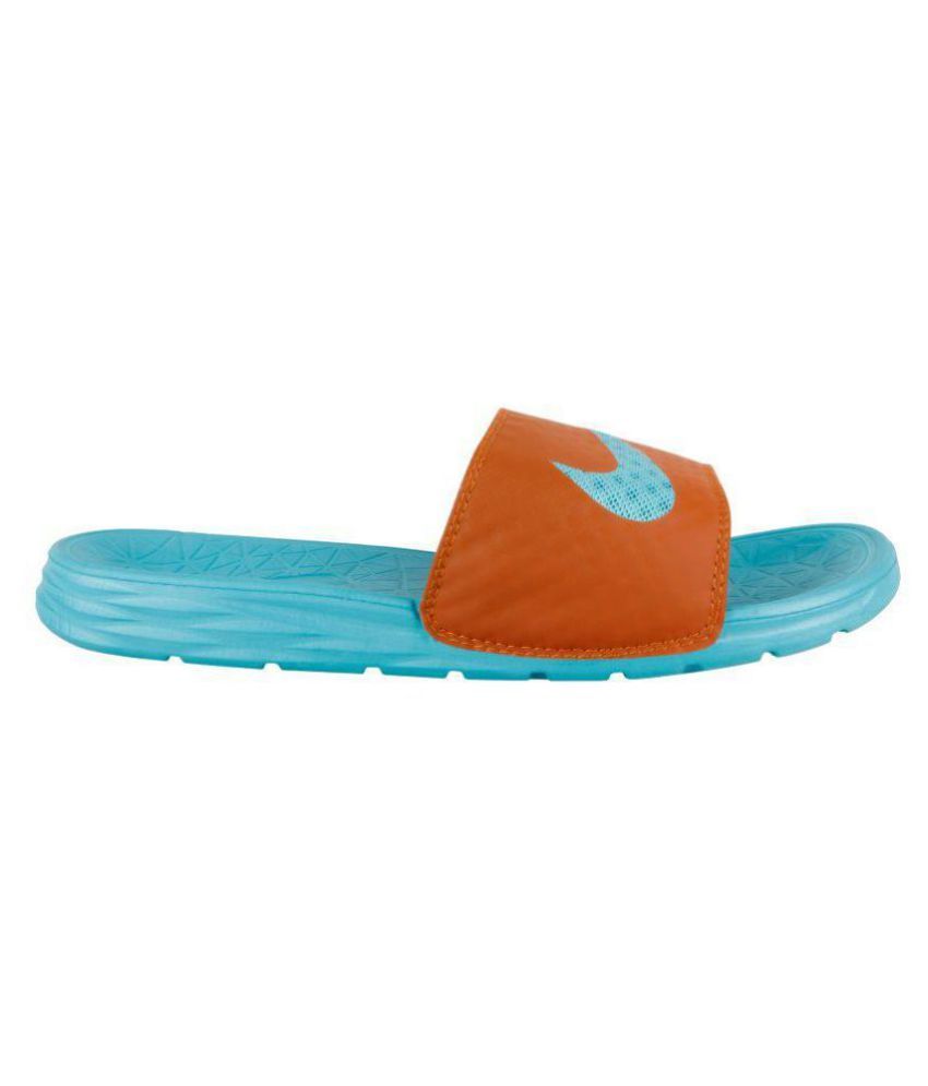 orange and blue nike slides