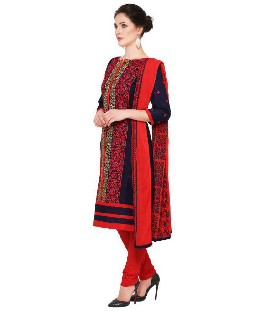 Ishin Red and Black Cotton Dress Material Buy Ishin Red and Black