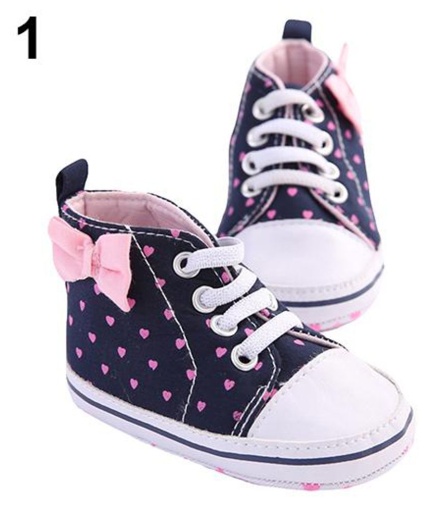 Infant Baby Girls Bowknot Heart Dotted Canvas Crib Shoes