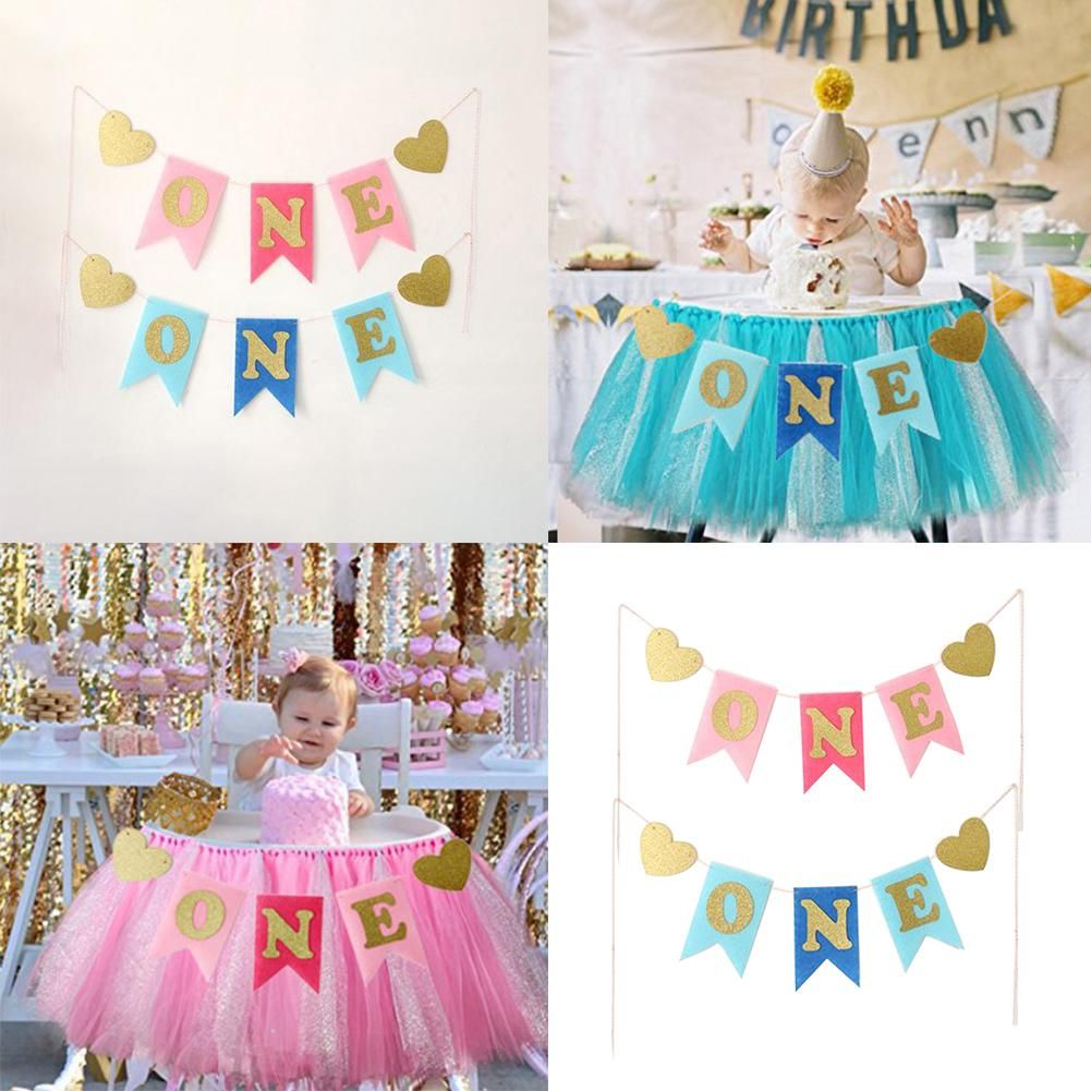 Baby Boy Girl First Birthday Banner Glitter One Heart Highchair