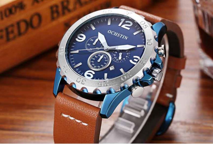 Ochstin Luxury Rotating Bazel Auto Date Leather Analog Men's Watch