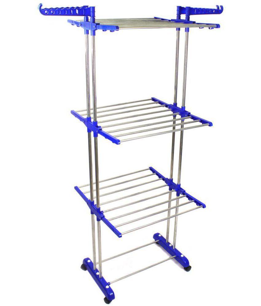     			TNC Hi Quality 24 Rods 3 Layer Double Pole Cloth Drying Stand/Rack Carbon Steel Laundry Hanger With Wheels (Blue)