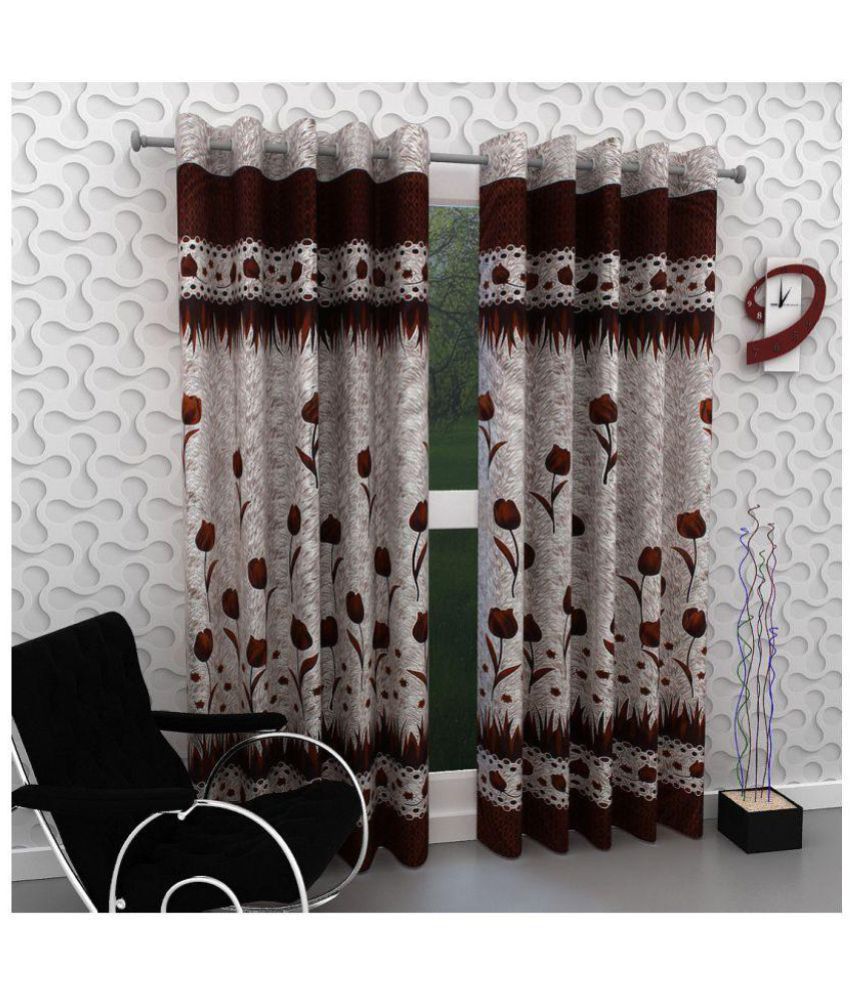     			Panipat Textile Hub Floral Semi-Transparent Eyelet Door Curtain 7 ft Pack of 4 -Brown