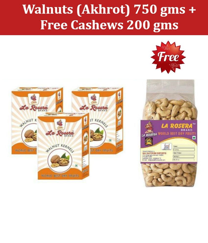 LA ROSERA Walnuts (Akhrot) 250 gm (Pack of 3) + Free Cashews 200 gm