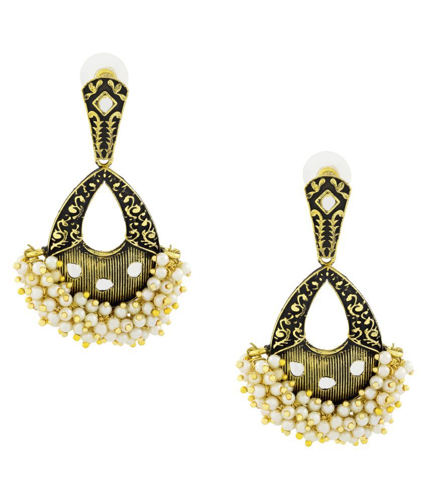     			The Jewelbox Designer Flower Black Enamel Kundan Pearl Gold Dangle Earrings For Women