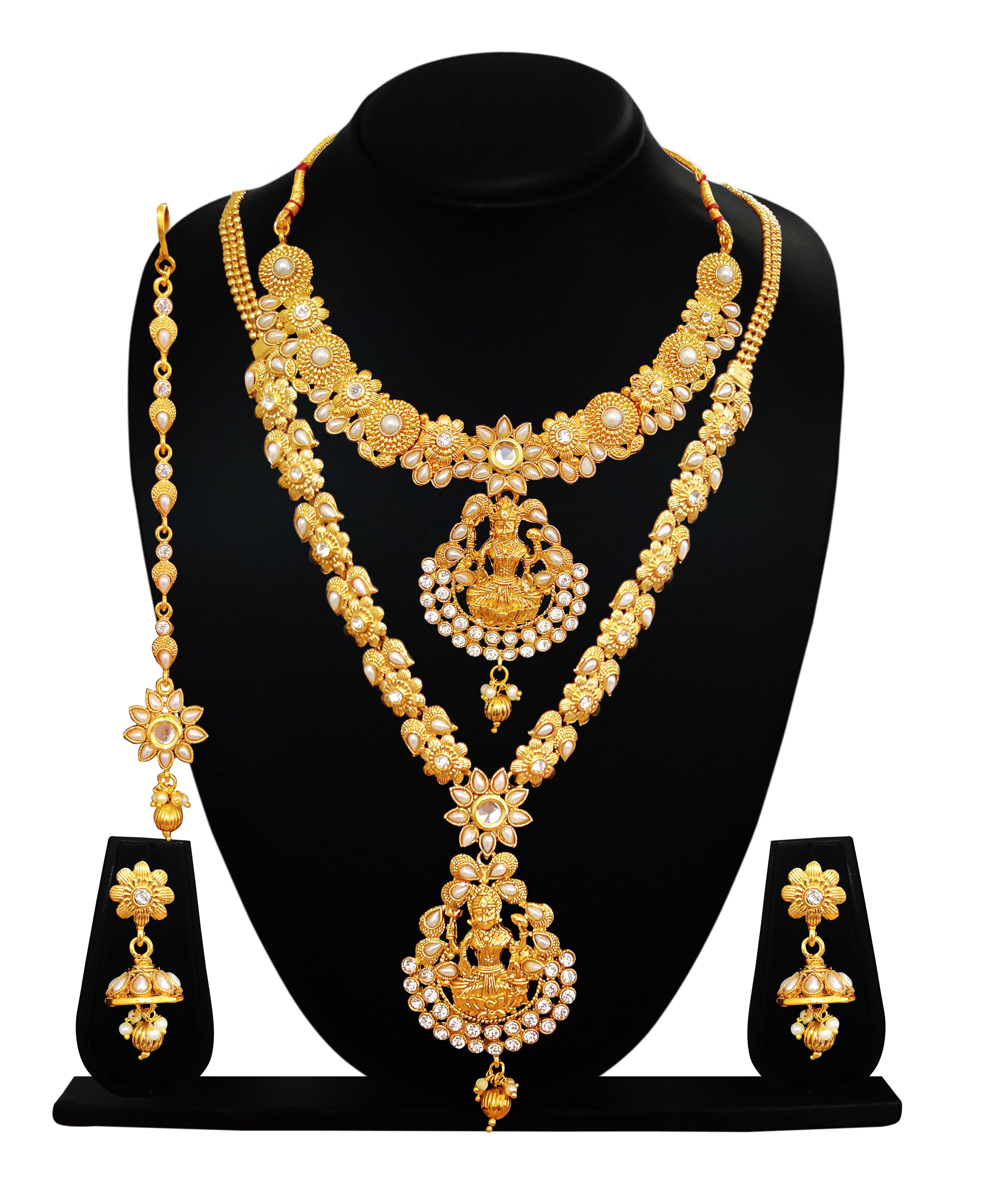 Arts Chetan Antique Gold Plated Artificial Rani Haar Double Strand Necklace Set With Earrings