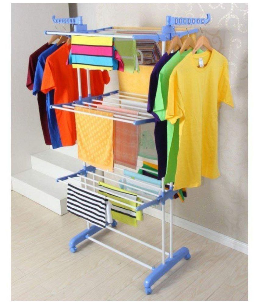     			TNC Hi Quality 24 Rods 3 Layer Double Pole Cloth Drying Stand/Rack Carbon Steel Laundry Hanger With Wheels (Blue) Stainless Steel Floor Cloth Dryer Stand  (Blue)