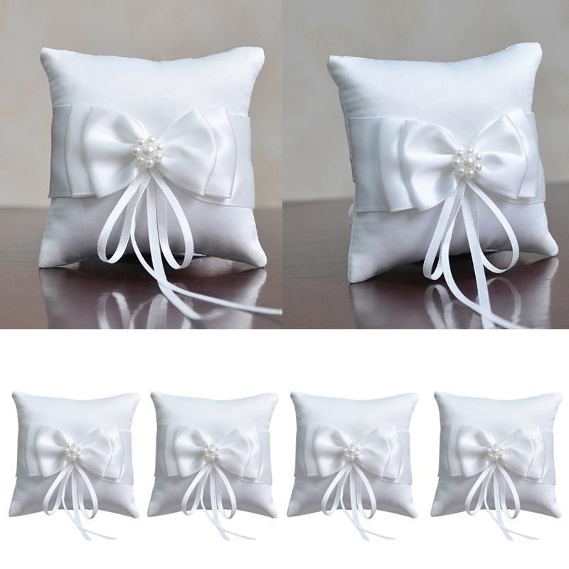 15 15cm White Bow Pearls Ring Pillow Wedding Ring Bearer Cushion