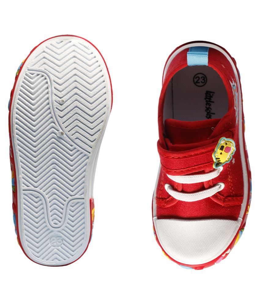 Little Soles Red Canvas Shoes With A Cartoon Motif And Stickers On Sole 