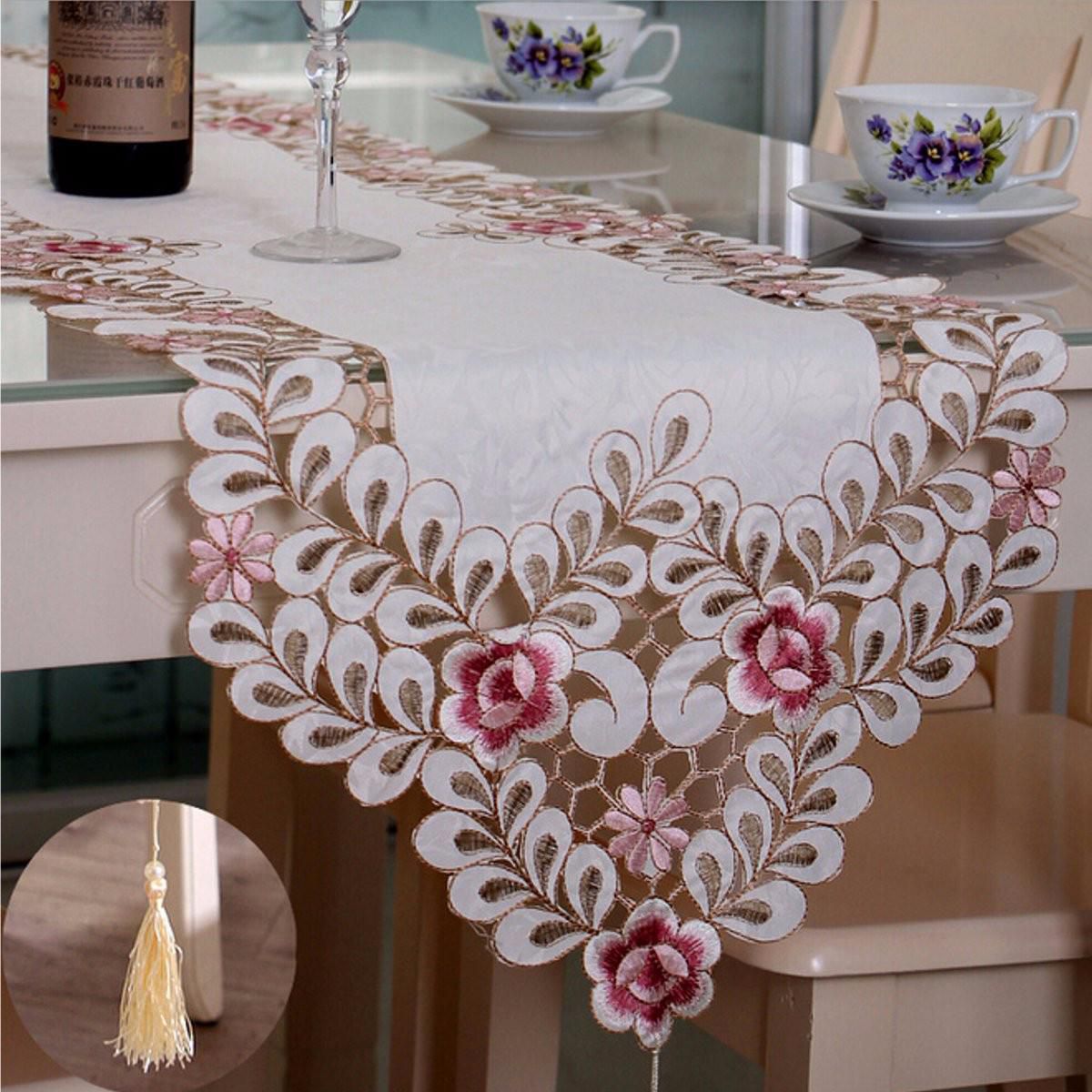 Table Runner Cloth Embroidered Floral Lace Fabric Translucent Gauze Home Decor