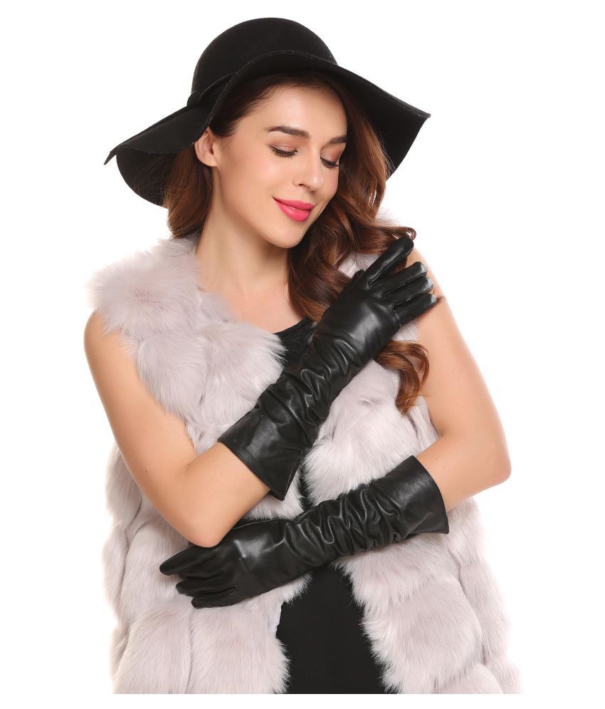 New Women Leather Gloves Winter Warm Simple Solid Cashmere Wool Blend